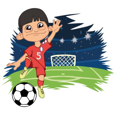 Bir çizgi film futbol oyuncu top bir stadyumda Tekdüzen Kore oynuyor. Vektör çizim