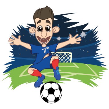 Bir çizgi film futbolcu bir stadyumda Tekdüzen Fransa top oynuyor. Vektör çizim