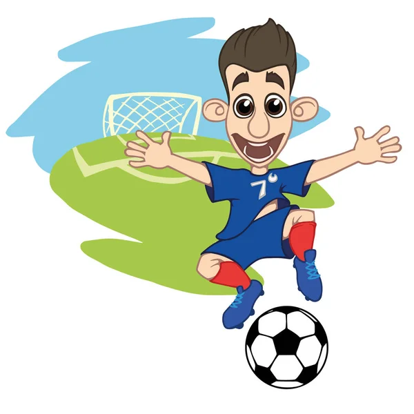Een Cartoon Voetbalspeler Speelt Bal Een Stadion Uniforme Frankrijk Vectorillustratie — Stockvector