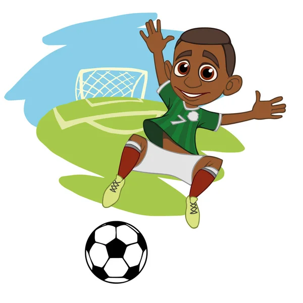 A cartoon soccer player is playing ball in a stadium in uniform Mexico. Vector illustration