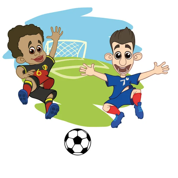 Dibujos Animados Jugadores Fútbol Juegan Pelota Estadio Francia Bélgica Ilustración — Archivo Imágenes Vectoriales