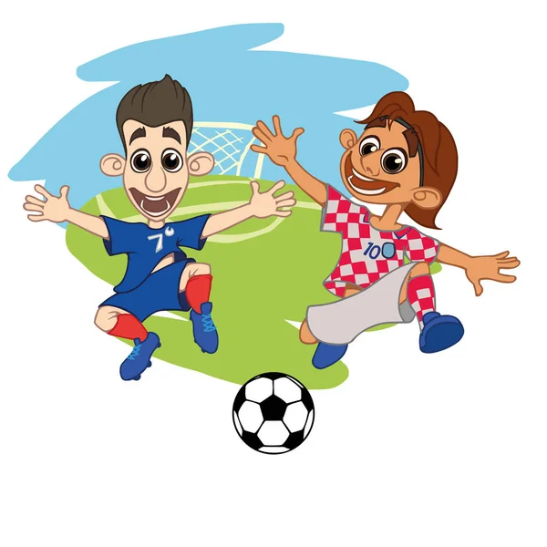 Κινούμενα Σχέδια Ποδοσφαιριστές Παίξει Την Μπάλα Στο Γήπεδο Κροατία Γαλλία — Διανυσματικό Αρχείο
