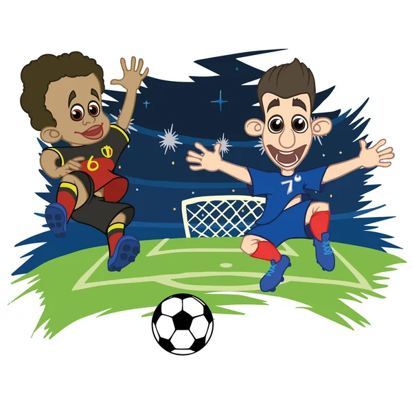 Çizgi film futbolcular stadyumda Fransa Belçika top oynayalım. Vektör çizim