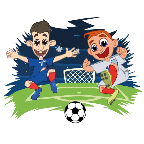 Dibujos Animados Jugadores Fútbol Juegan Pelota Estadio Ilustración Vectorial — Archivo Imágenes Vectoriales