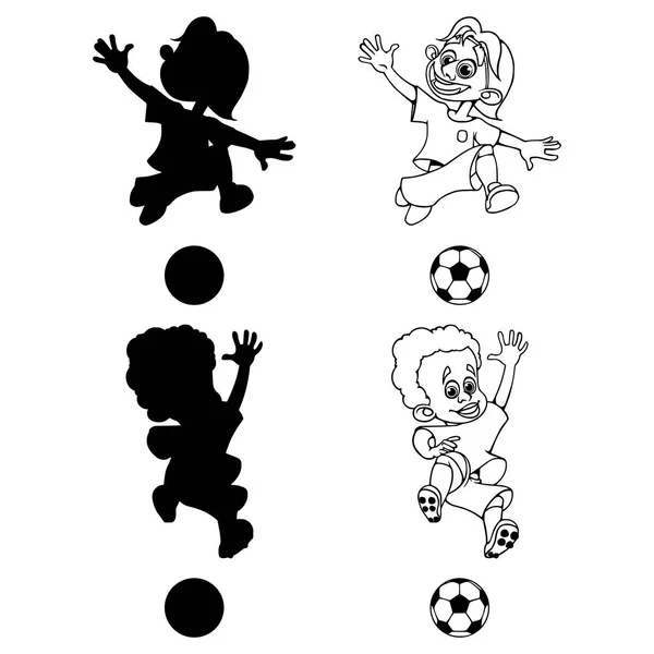 Σύνολο Σιλουέτες Και Περίγραμμα Των Παικτών Ποδοσφαίρου Παίζει Μπάλα Εικονογράφηση — Διανυσματικό Αρχείο