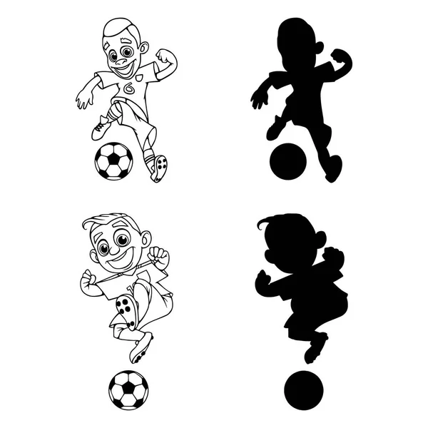 Silhouetten Und Eine Kontur Von Fußballern Die Ball Spielen Vektorillustration — Stockvektor