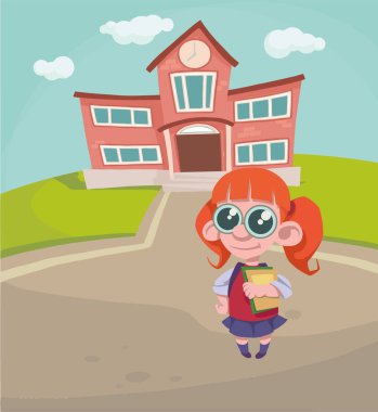 bir sırt çantası ve Kitaplar Okul arka plan üzerinde olan kız. vektör çizim