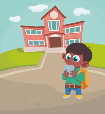 bir sırt çantası ve bir tablet okulun arka plan üzerinde çocuk. Vektör çizim