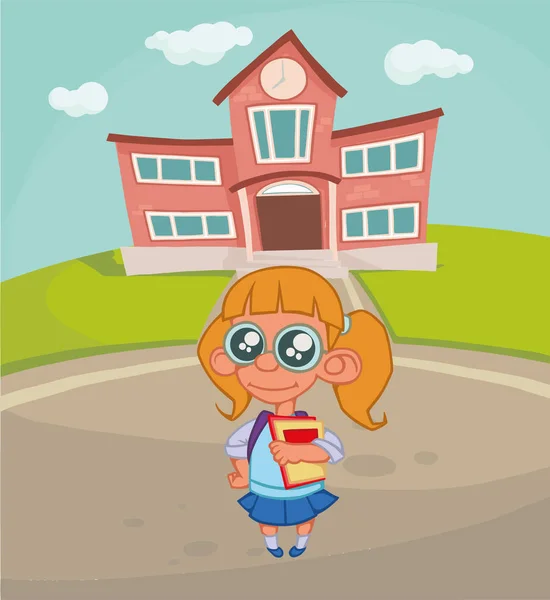 Chica Con Una Mochila Libros Fondo Escuela Ilustración Vectorial — Vector de stock