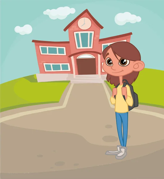 Chica Con Una Mochila Fondo Escuela Ilustración Vectorial — Vector de stock