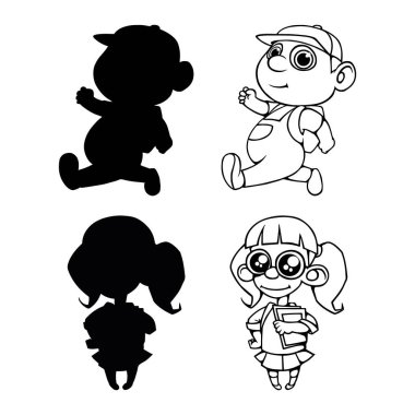 Siluetleri ve bir sırt çantası ve gözlüklü bir kız bir çocuk bir kontur öğrenciler kümesi. Vektör çizim