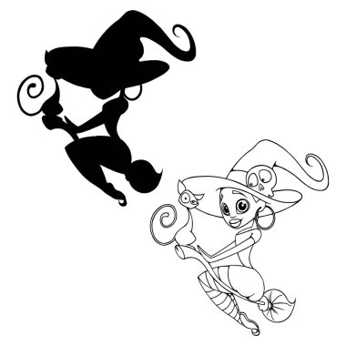 süpürge ile kedi siluet vektör karakter cadı