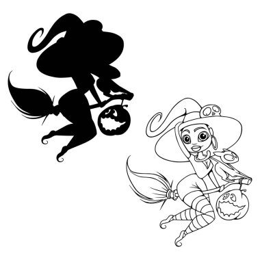 süpürge ile kedi siluet vektör karakter cadı