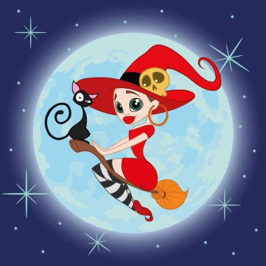 siyah bir kedi ile bir süpürge üzerinde uçan cadı