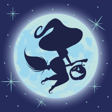 Bir mavi karanlık gece gökyüzü üzerinde Seksi cadı siluet vektör çizim.