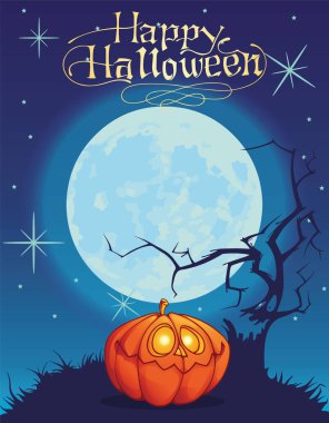 Vektör çizim, Halloween pumpkins ay ve bir hayalet ağaç altında arka plan.