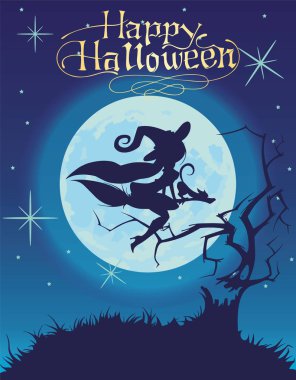 Bir mavi karanlık gece gökyüzü üzerinde Seksi cadı siluet vektör çizim.