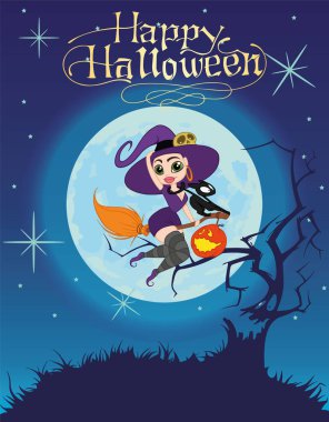 vektörel clipart Seksi cadı cat süpürge ay arka plan üzerinde tarih ile. Arka plan Cadılar Bayramı