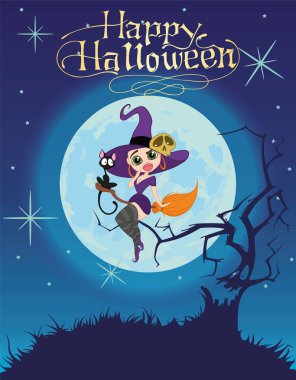 vektörel clipart Seksi cadı cat süpürge ay arka plan üzerinde tarih ile. Arka plan Cadılar Bayramı