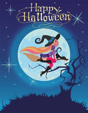 siyah bir kedi ile bir süpürge üzerinde güzel seksi cadı