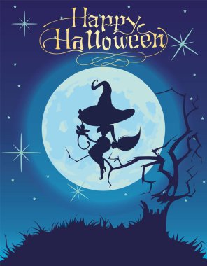 Bir mavi karanlık gece gökyüzü üzerinde Seksi cadı siluet vektör çizim.