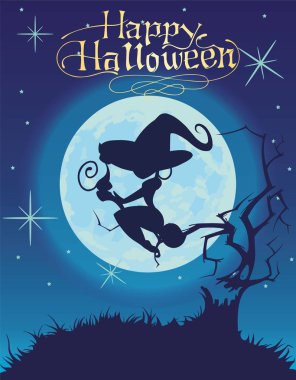 Bir mavi karanlık gece gökyüzü üzerinde Seksi cadı siluet vektör çizim.