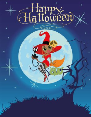 Ayın arka plan üzerinde kırmızı elbiseli seksi siyah derili cadı vektör Illustration. Cadılar Bayramı arka plan