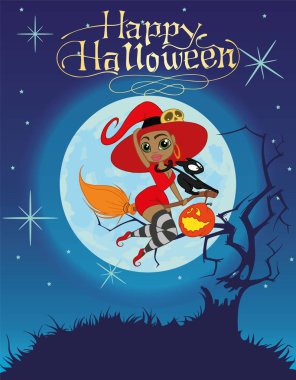 Ayın arka plan üzerinde kırmızı elbiseli seksi siyah derili cadı vektör Illustration. Cadılar Bayramı arka plan