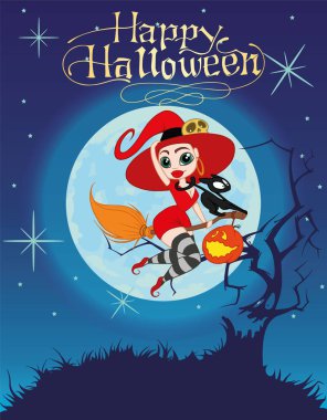 vektörel clipart Seksi cadı cat süpürge ay arka plan üzerinde tarih ile. Arka plan Cadılar Bayramı
