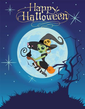 siyah elbise ve şapka ile siyah bir kedi bir süpürge üzerinde güzel seksi yeşil cadı. Cadılar Bayramı ile arka plan
