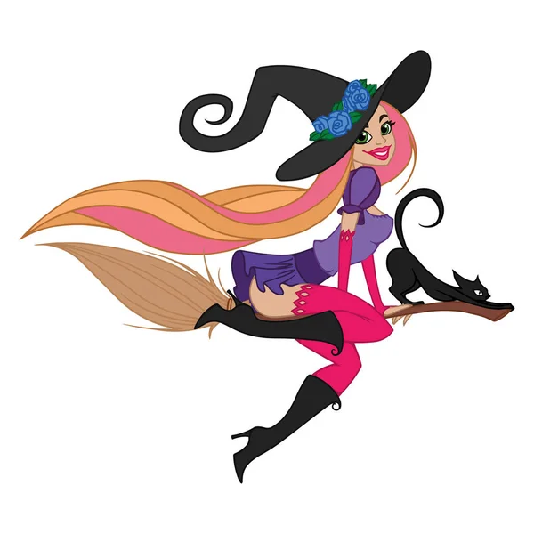 vektör çizim Cadı süpürge ile kedi üzerinde