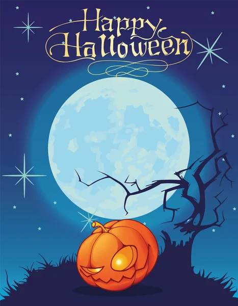 Ilustración Vectorial Fondo Calabazas Halloween Bajo Luna Árbol Fantasma — Vector de stock