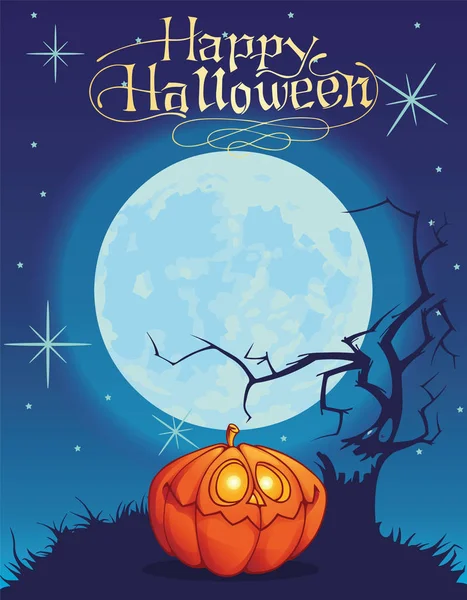 Vektör çizim, Halloween pumpkins ay ve bir hayalet ağaç altında arka plan.