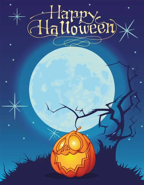 Ilustración Vectorial Fondo Calabazas Halloween Bajo Luna Árbol Fantasma — Vector de stock