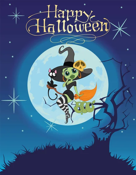 siyah elbise ve şapka ile siyah bir kedi bir süpürge üzerinde güzel seksi yeşil cadı. Cadılar Bayramı ile arka plan