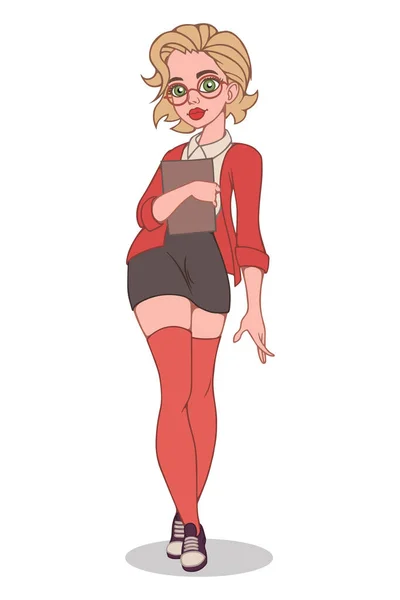 赤いストッキングの美しいブロンド秘書の女の子 ベクトル漫画の実例 — ストックベクタ