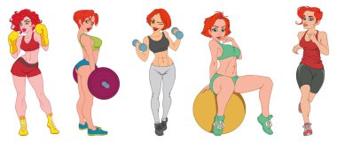 Güzel seksi atletik kızlar Kızıl saçlı beyaz bir arka plan üzerinde ayarlayın. Vektör çizim