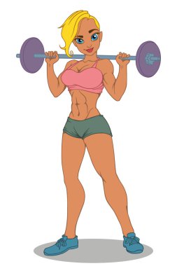 Beyaz arka plan üzerinde halter ile sportif sarışın seksi. Vektör çizim