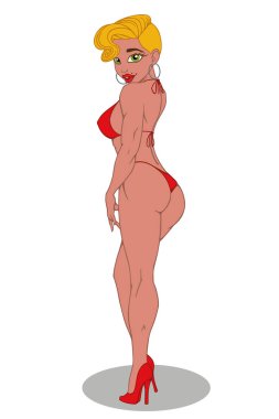 Seksi sarışın model kız beyaz zemin üzerine kırmızı bir mayo içinde