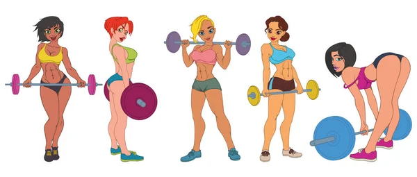 Conjunto Chicas Fitness Sexy Con Barra Pesas Sobre Fondo Blanco — Vector de stock