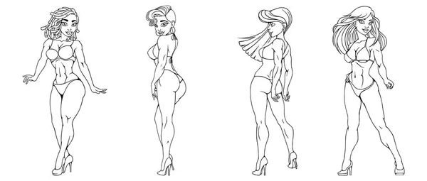 Sada Sexy Dívek Bikinách Kreslený Obrysy — Stockový vektor