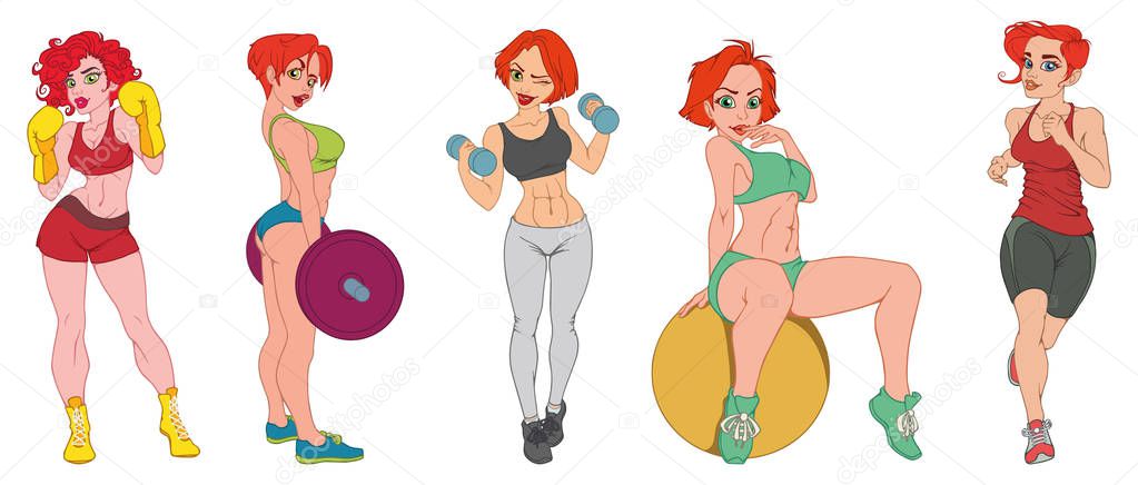Set of beautiful sexy athletic girls with red hair on a white background. Vector illustration