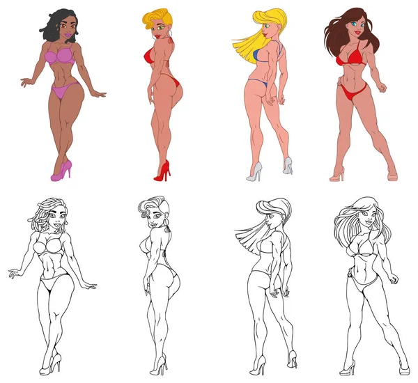 Conjunto Hermosas Sexy Sport Girls Modelos Bikinis Ilustración Vectorial — Archivo Imágenes Vectoriales