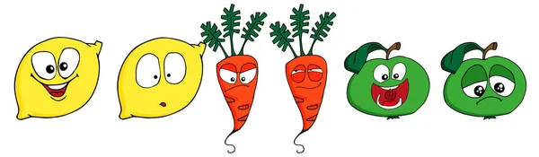 Fruits Drôles Légumes Pomme Citron Carotte Dans Style Dessin Animé — Image vectorielle