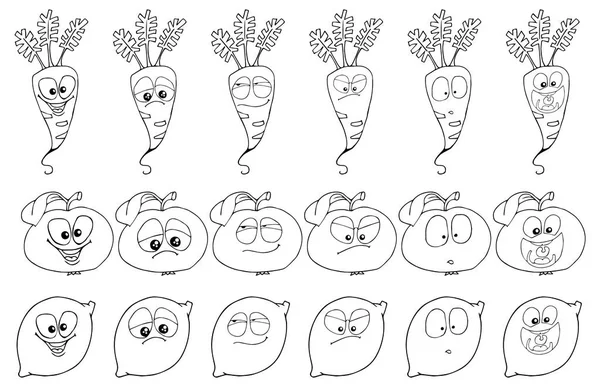 Desenhos Animados Engraçados Frutas Personagens Isolados Ilustração Vetor Fundo Branco —  Vetores de Stock