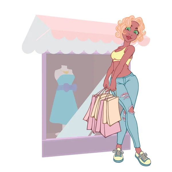 Glückliches Mädchen Mit Einkaufstaschen Geschäft Shopper Verkauf Lustige Zeichentrickfigur Vektorillustration — Stockvektor