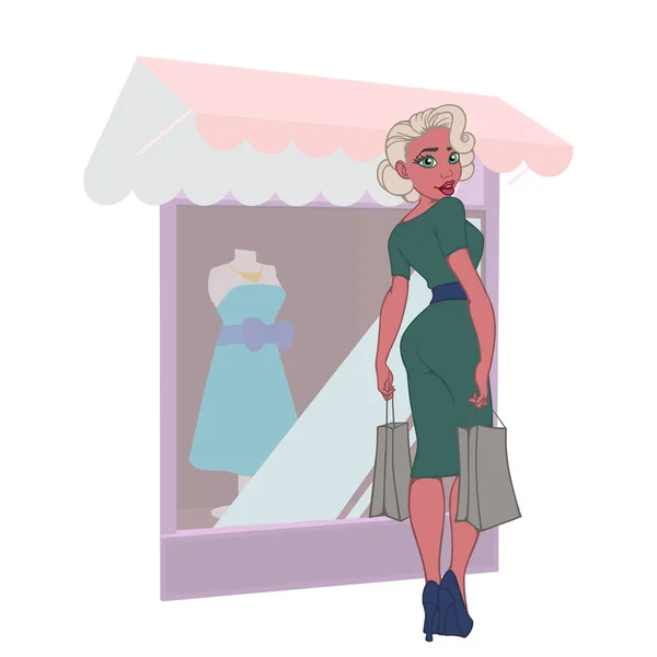 Modemädchen Mit Taschen Laden Kunde Verkauf Lustige Cartoon Figur — Stockvektor