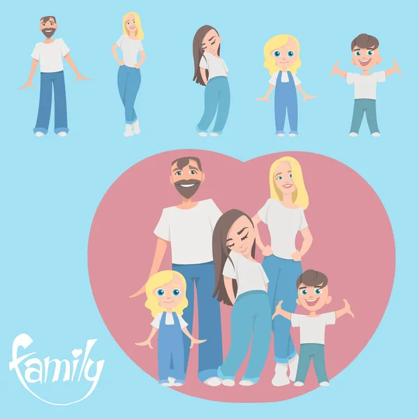 Large family portrait. Vector people. Mom and Dad with children.