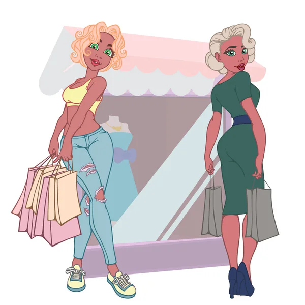 Set Fashion Girls Bags Store Customer — Stock Vector
