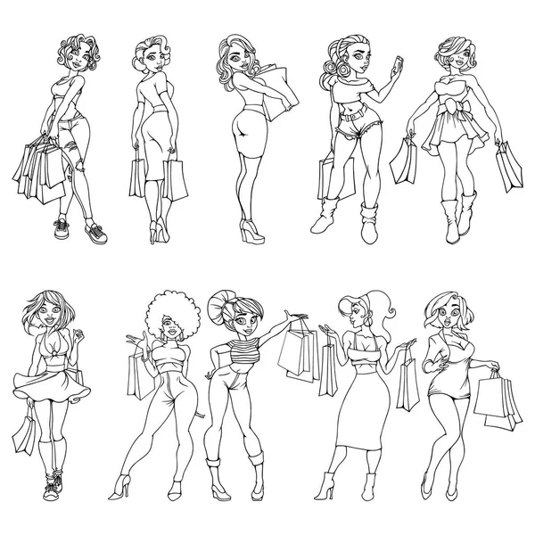 Conjunto Chicas Hermosas Moda Con Bolsos Cliente — Vector de stock